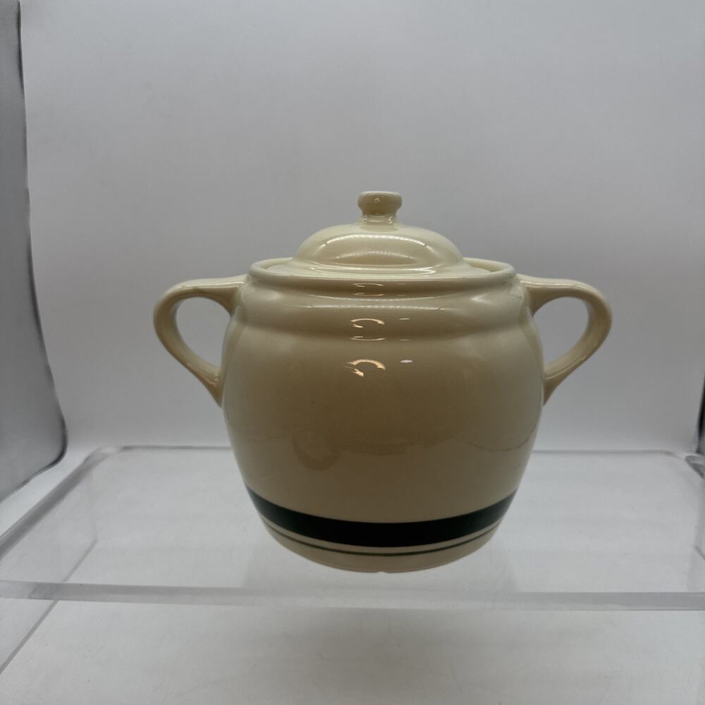 Roseville Ohio 3 Qt. Bean Pot Cookie Jar with Lid Green Stripes READ